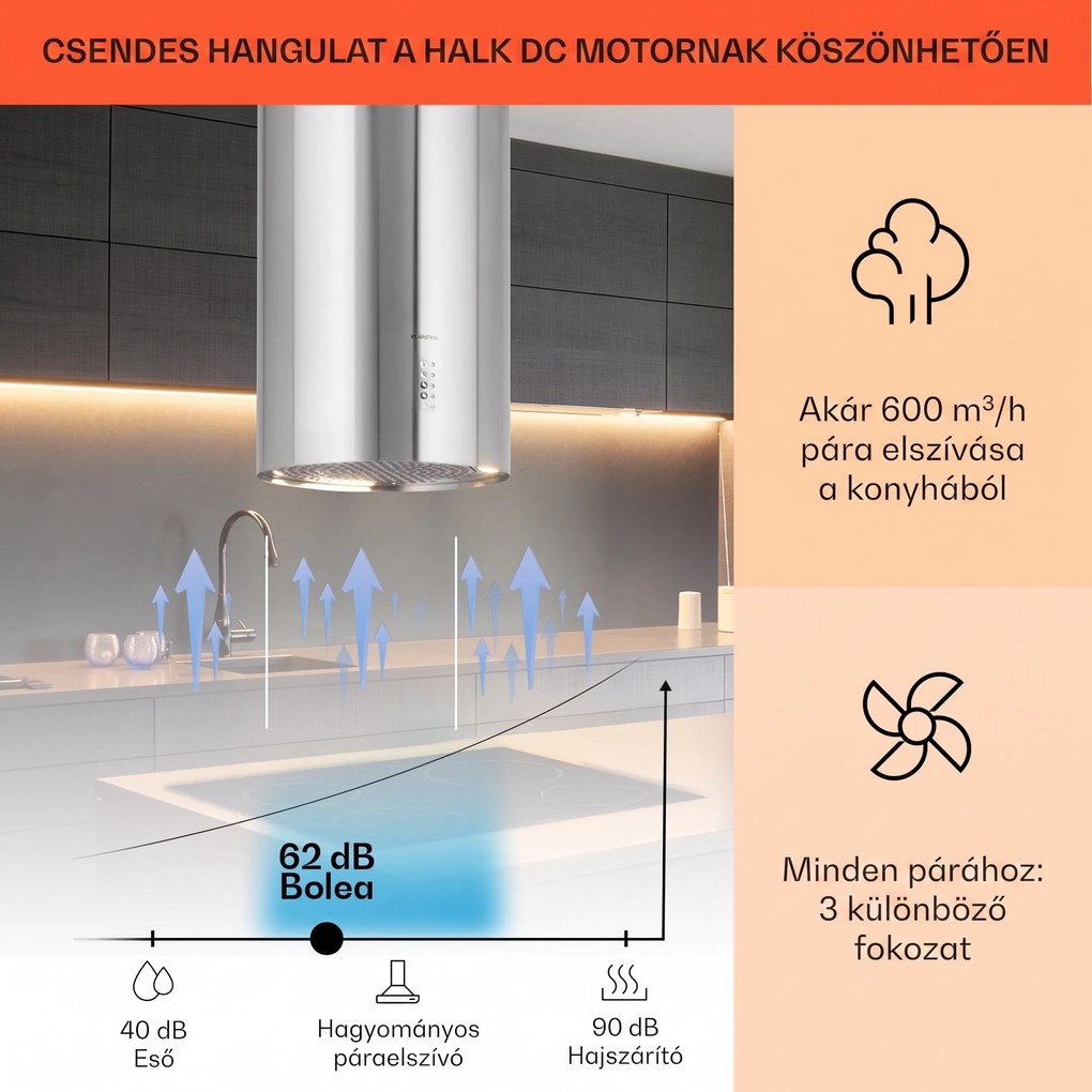 Klarstein Bolea, sziget páraelszívó, Ø 90 cm, recirkulációs/elszívás üzemmód, 651 m³/ó, LED, aktívszén szűrőkkel