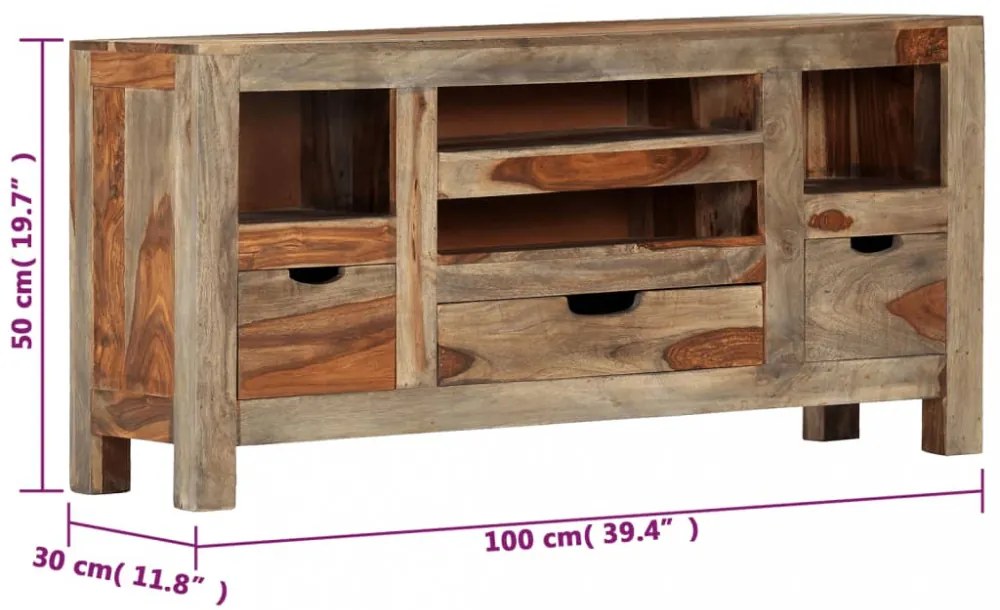 szürke tömör akácfából tálalószekrény 100x30x50 cm