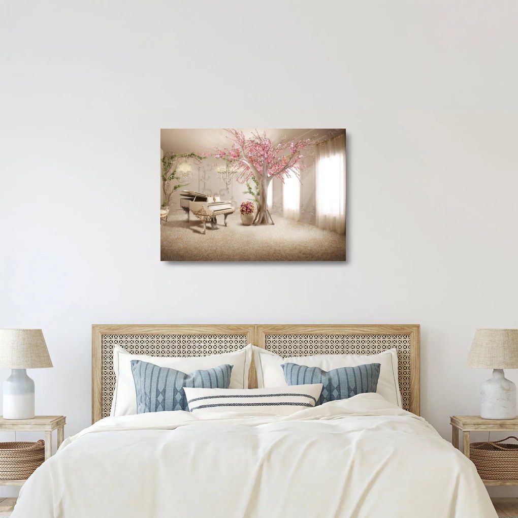 Kép - Álmodozó belső tér zongorával (üvegen) (70x50 cm)