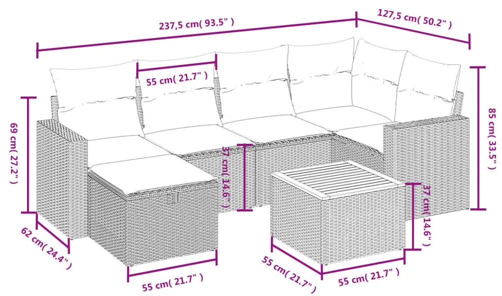 7 részes szürke polyrattan kerti ülőgarnitúra párnákkal