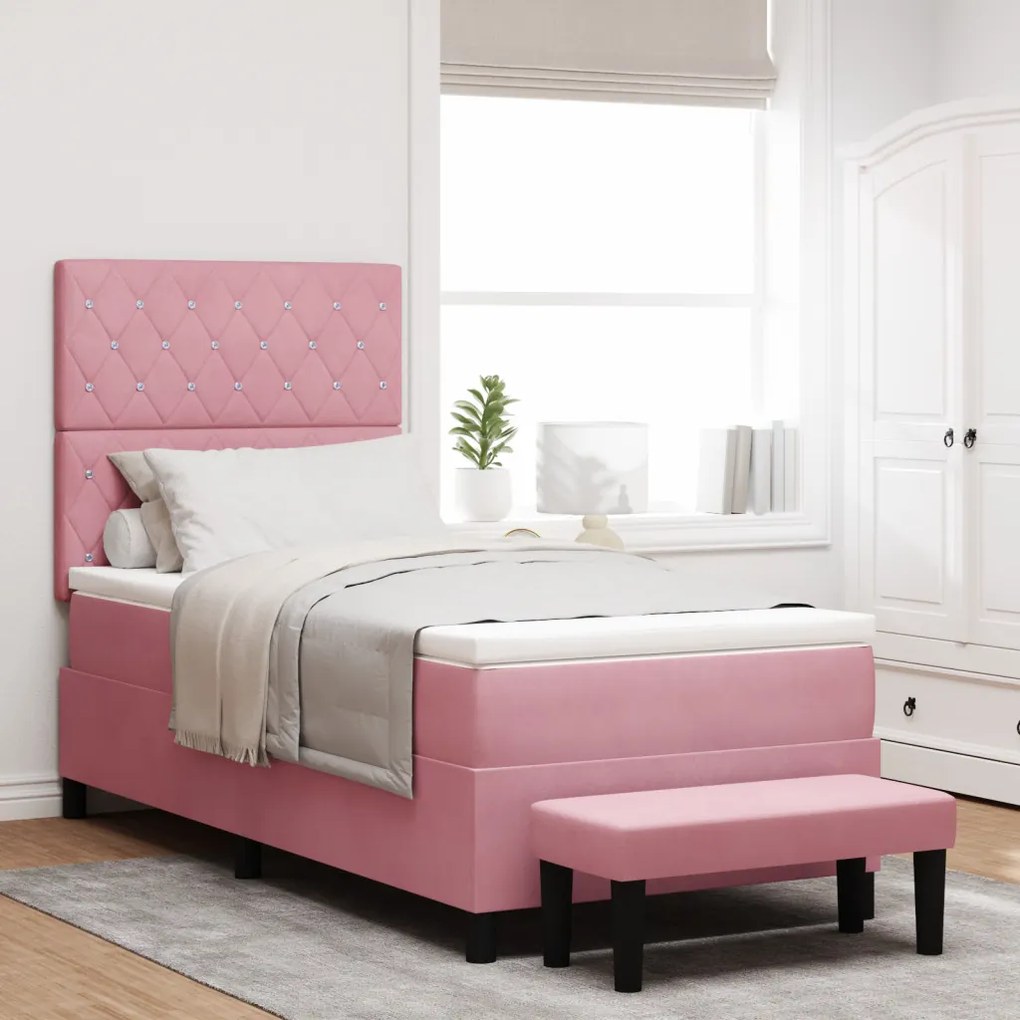 Box Spring Ágy Matraccal és Paddal Rózsaszín 90x190 cm Bársony