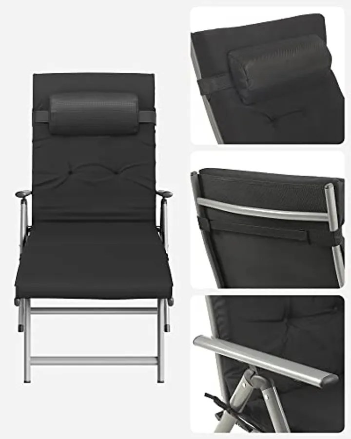 Összecsukható napozóágy, napozóágy 6 cm-es matraccal, levehető fejtámlával, rozsdamentes alumínium, légáteresztő, max. Terhelhetőség 150 kg, Fekete