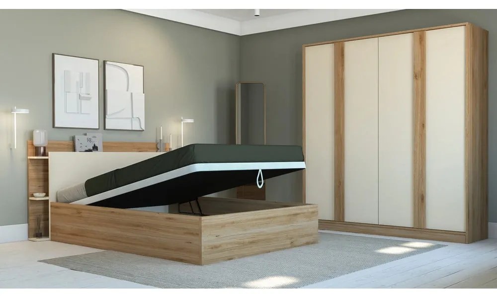 Krémszínű-natúr színű ruhásszekrény tölgyfa dekorral 180x197,5x53 cm Dennis – Marckeric