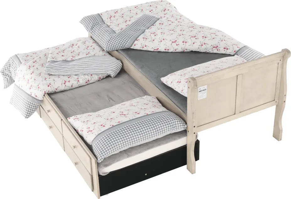 Ágy pótággyal, antik fehér, 90x200, ANTIKO