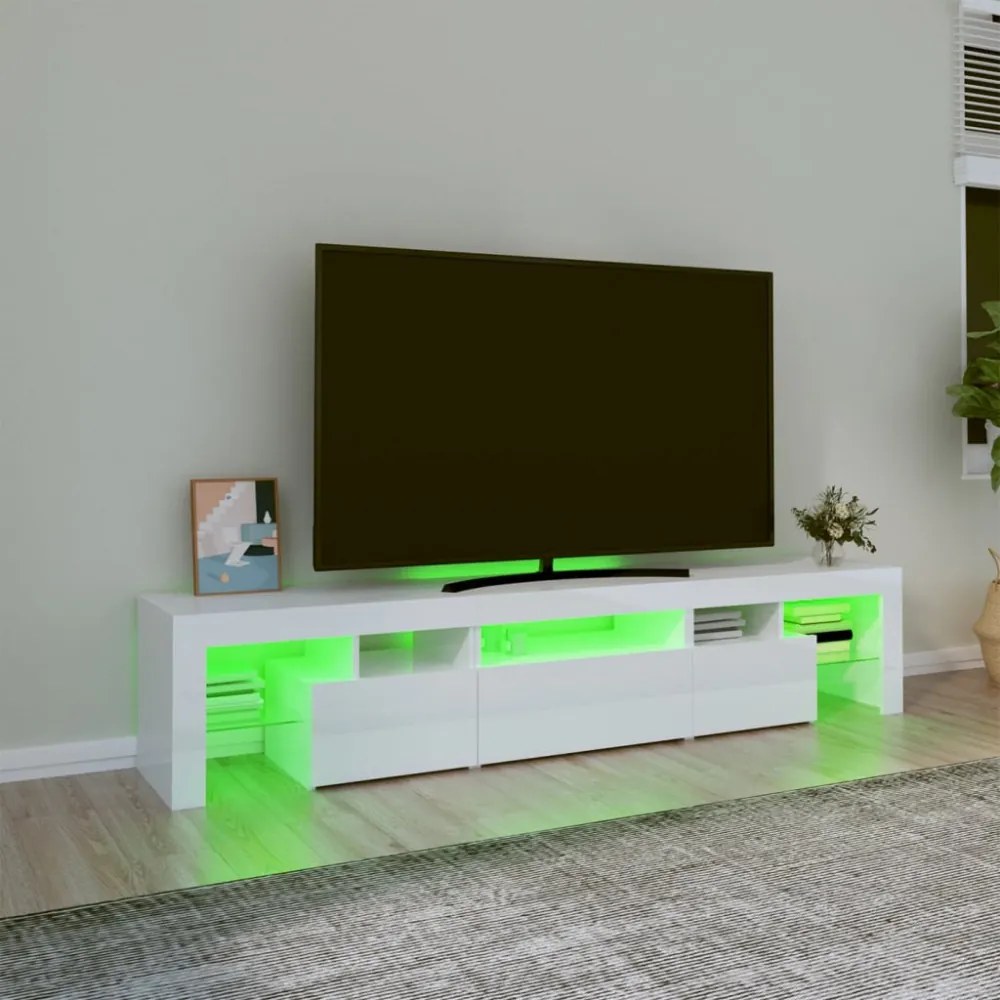 magasfényű fehér TV-szekrény LED lámpákkal 200x36,5x40 cm