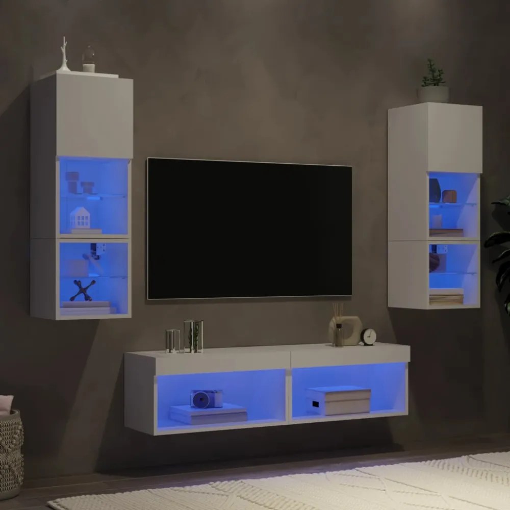 6 darab fehér szerelt fa fali TV-bútor LED-del
