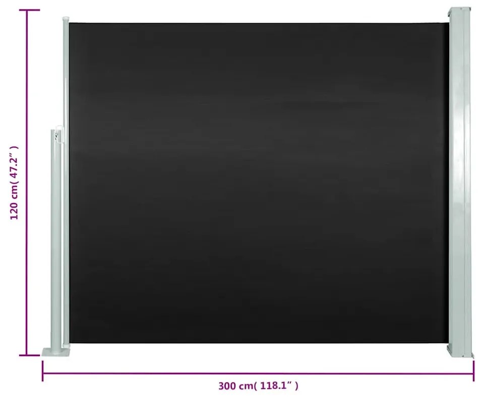 fekete behúzható oldalsó napellenző 120 x 300 cm