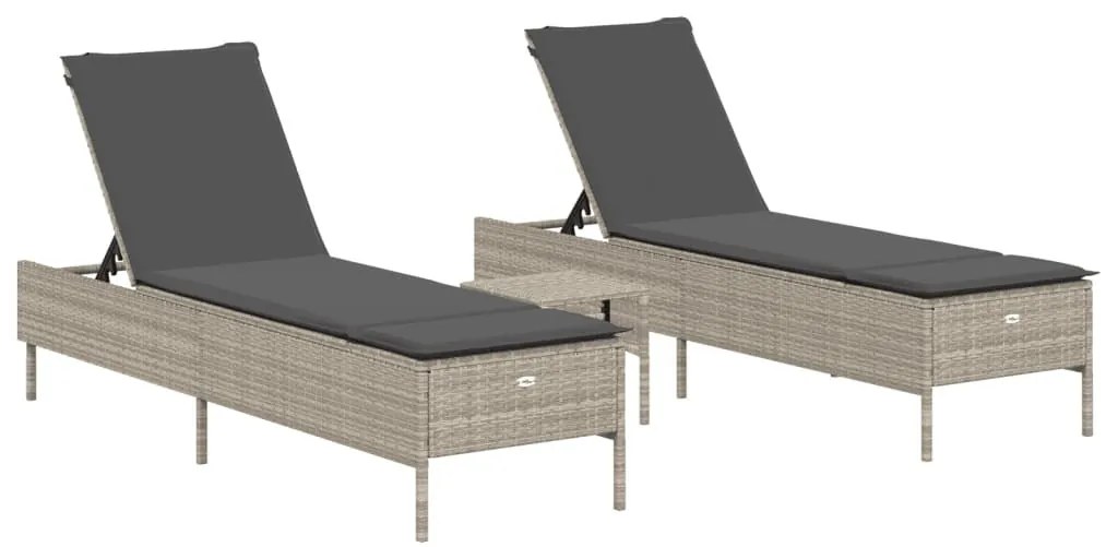 3 részes világosszürke polyrattan napozóágy szett párnával