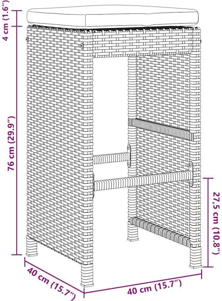 2 db barna polyrattan kerti bárszék párnával