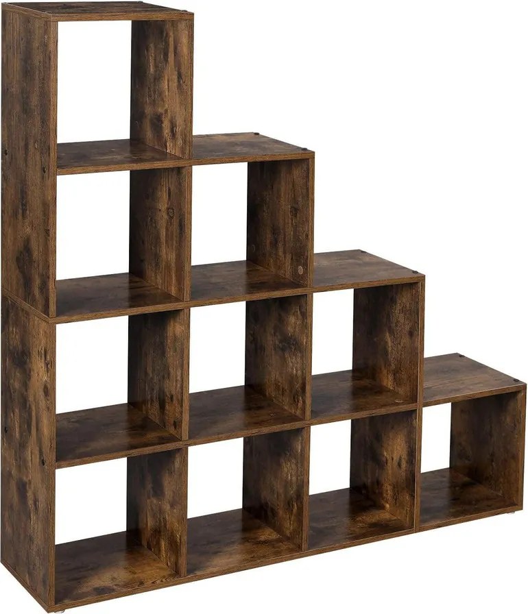 Könyvespolc, 10 kockás tároló, 129,5 x 29 x 129,5 cm, rusztikus barna