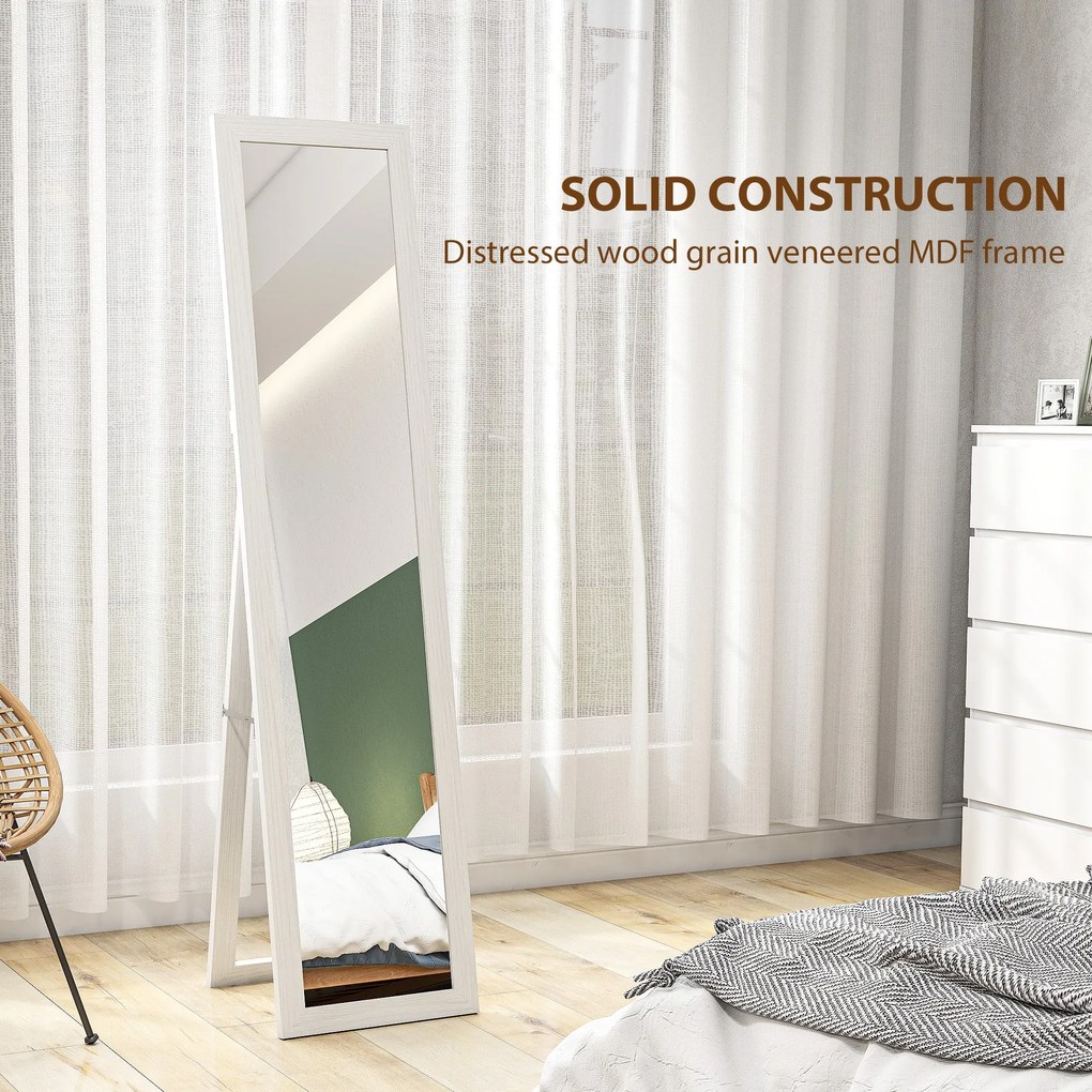 HOMCOM Téglalap alakú falitükör állványon vagy fekvő helyzetben, fa kerettel, nappaliba és hálószobába, 37 x 157 cm, fehér | Aosom