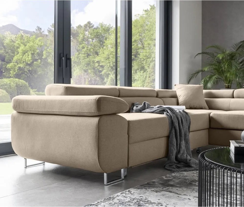 Bézs kinyitható-tárolóhelyes sarokkanapé (jobb oldali-L alakú) Anton – ELTAP