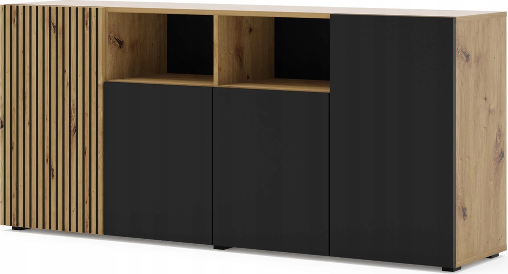 Komód Auris 4D 180 cm tölgy artisan fekete matt nappali iroda loft dolgozószoba