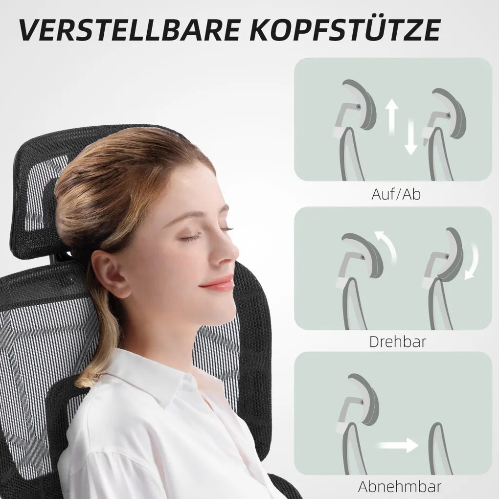 HOMCOM Ergonomikus irodai szék, hálós szövettel, állítható 3D, karfákkal és fejtámlával, fekete