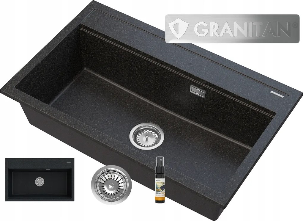 Gránit Mosogató Nagy Kamra Fekete Arany Szemcsék Szifon Króm Asti