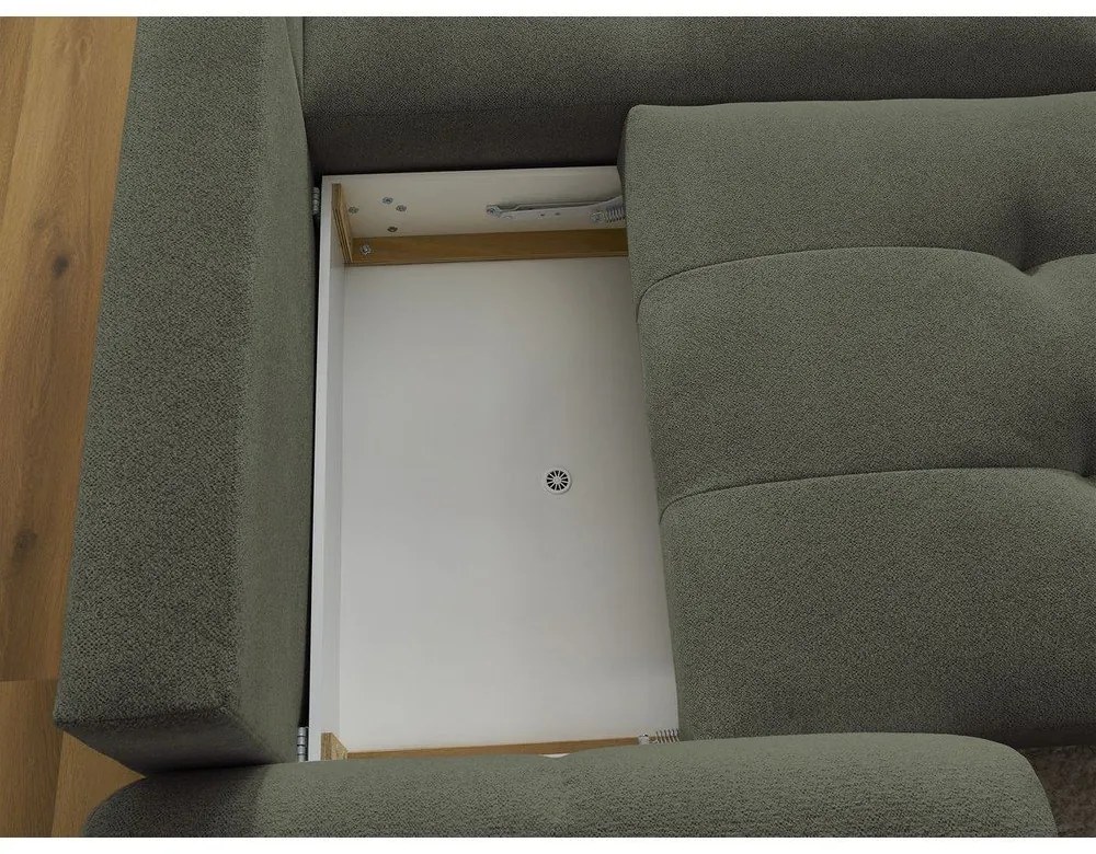 Khaki zsenília kinyitható-tárolóhelyes sarokkanapé (jobb oldali-heverő résszel) Roxelane – Bobochic Paris