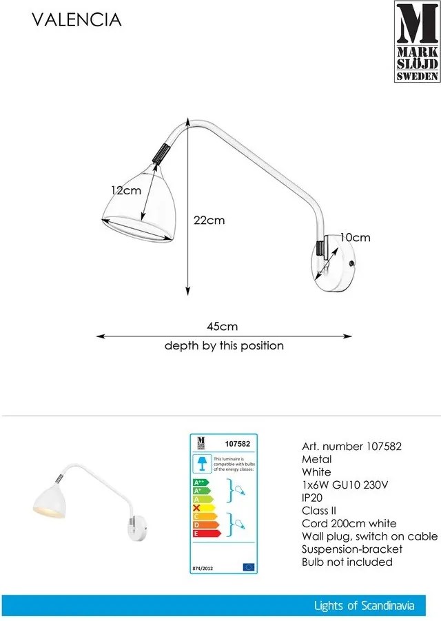 Valencia fehér fali lámpa - Markslöjd