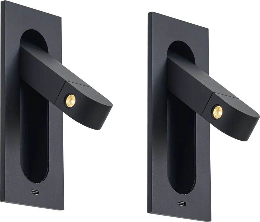 2 darabos modern fekete fali lámpa szett LED-del és USB-C porttal - Hilton