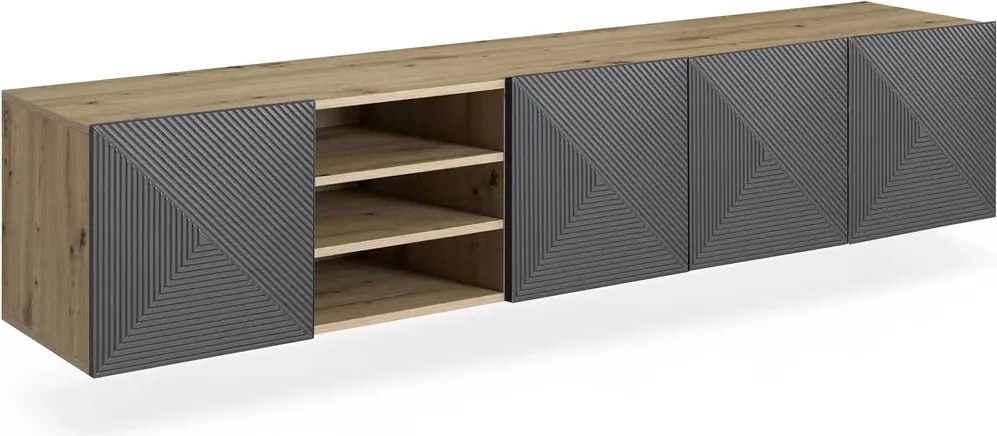 Asha függesztett TV szekrény 200 cm riflázott frontokkal, nyitott fülkével – artisan tölgy / rivier stone matt