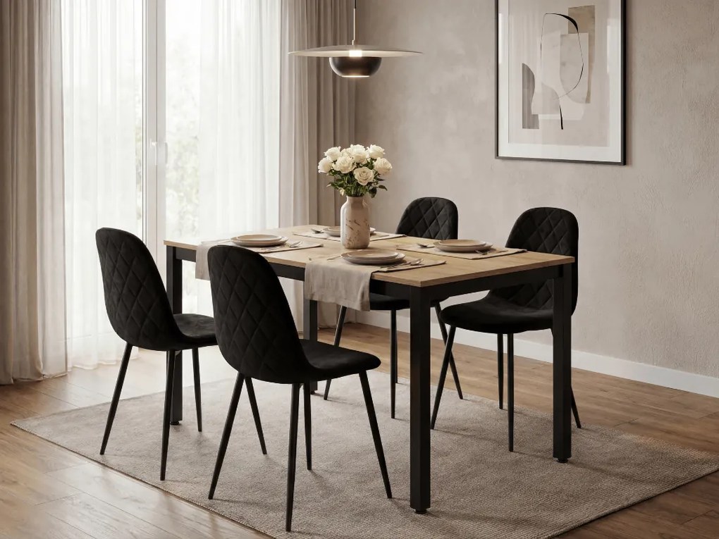 Fekete étkezőasztal tölgyfa hatású TESSA asztallappal 120x60 cm