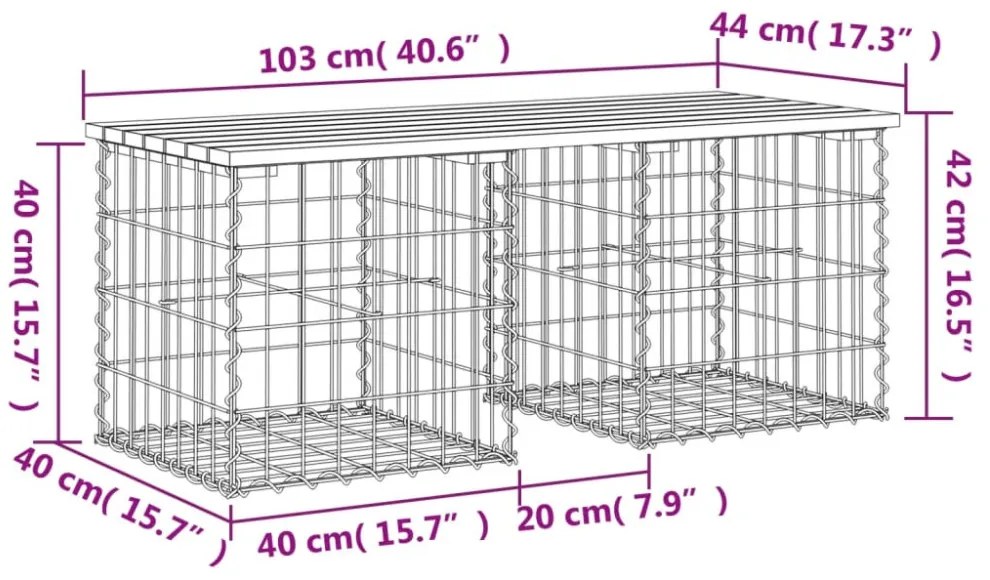 tömör fenyőfa gabion kerti pad 103x44x42 cm