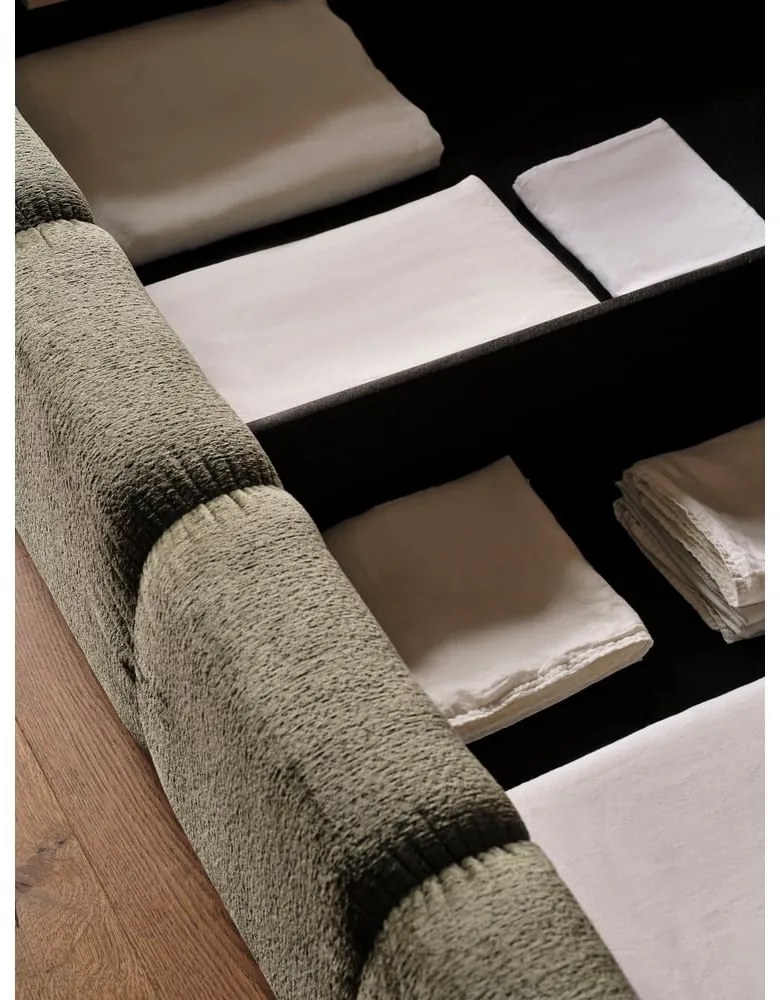 Zöld kárpitozott ágyneműtartós franciaágy ágyráccsal 200x200 cm Lupine – Micadoni Home