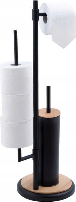 WC-papír és WC-kefe tartó állvány 3az1ben fekete, bambusz Loft