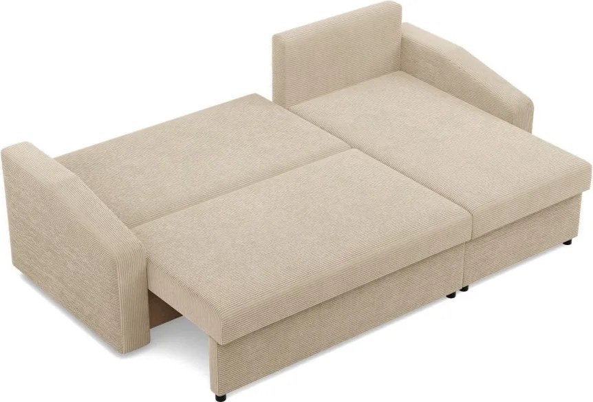 Zeus sarokkanapé, 2 ágyneműtartóval, döntött kartámasz, kordbársony, univerzális oldal, hab töltet, bézs