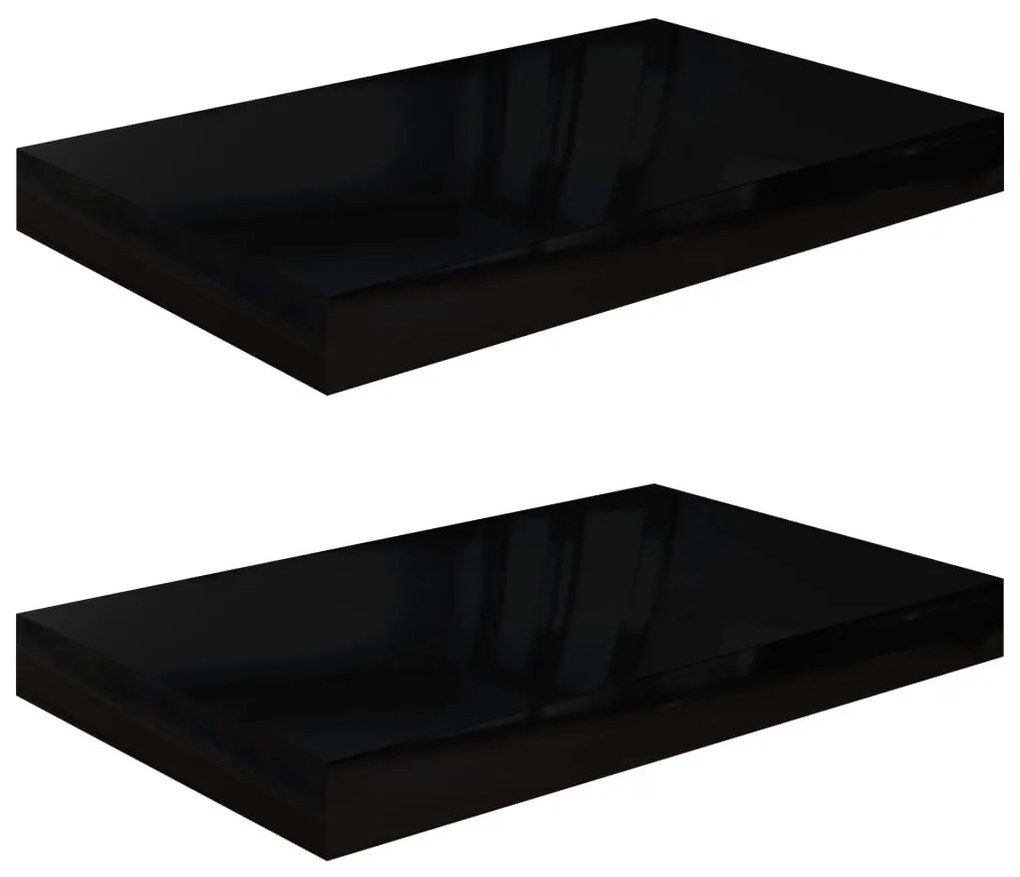 2 db magasfényű fekete MDF lebegő fali polc 40 x 23 x 3,8 cm