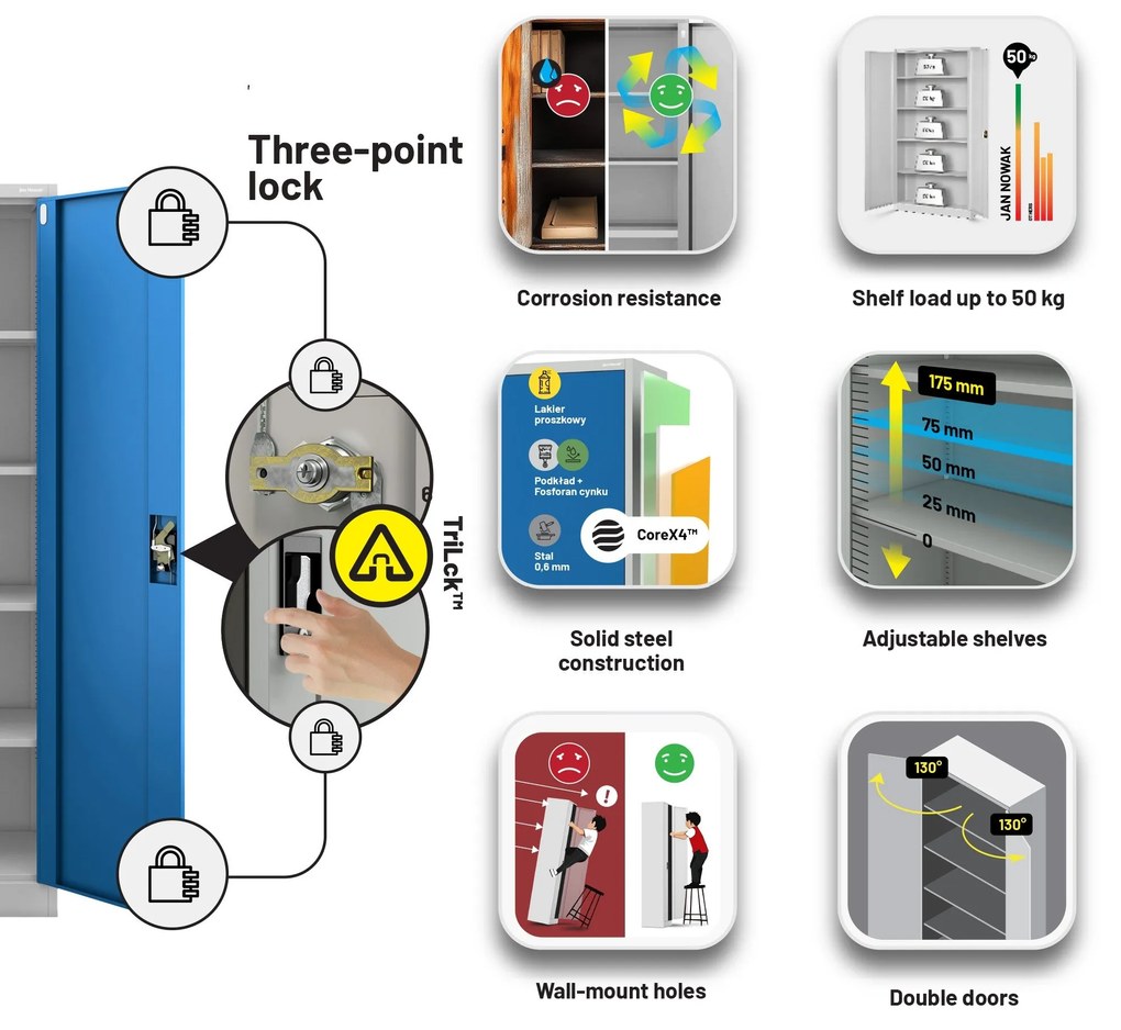 Fém iratszekrény JAN, 900 x 1850 x 400 mm, szürke-kék