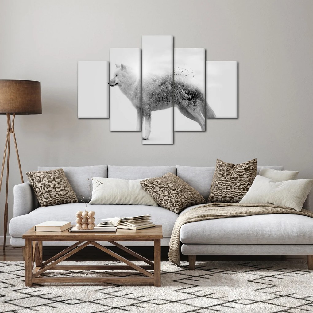 Kép - Vad tájat tükröző sarkvidéki farkas, fekete-fehér (150x105 cm)