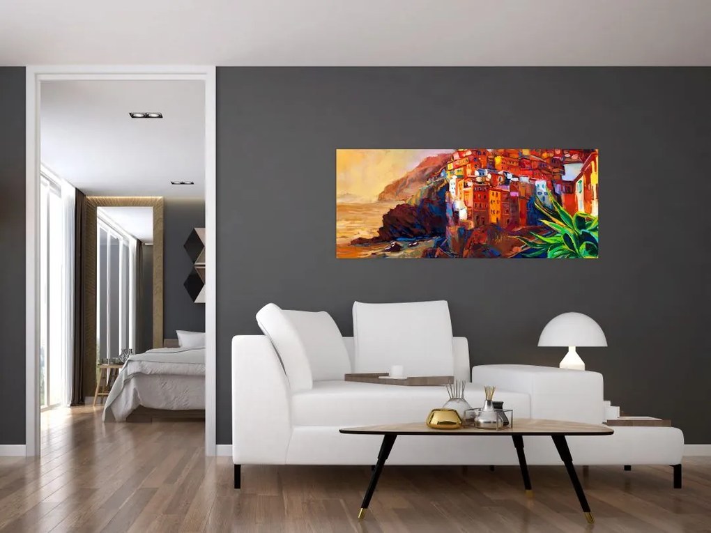 Kép - Falu Cinque Terre partján, az olasz riviérán, modern impresszionizmus (120x50 cm)