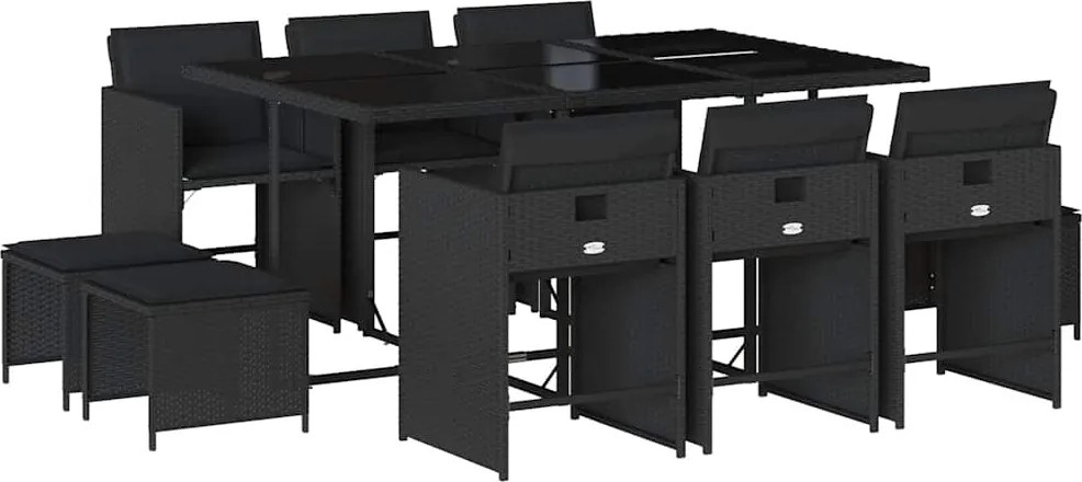 vidaXL 11 részes fekete polyrattan kerti étkezőgarnitúra párnákkal