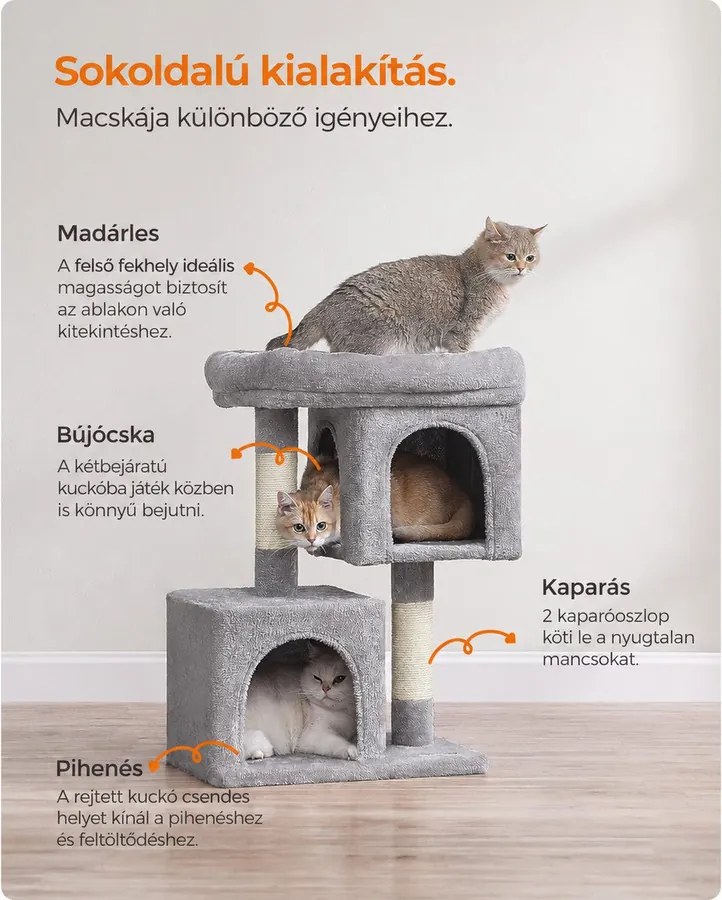 FEANDREA macskakaparó 2 barlanggal és nagy kilátóval, 74 cm – világosszürke