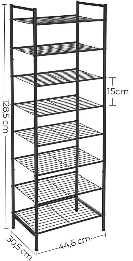 Cipőtartó, 8 szintes keskeny cipőspolc, fekete