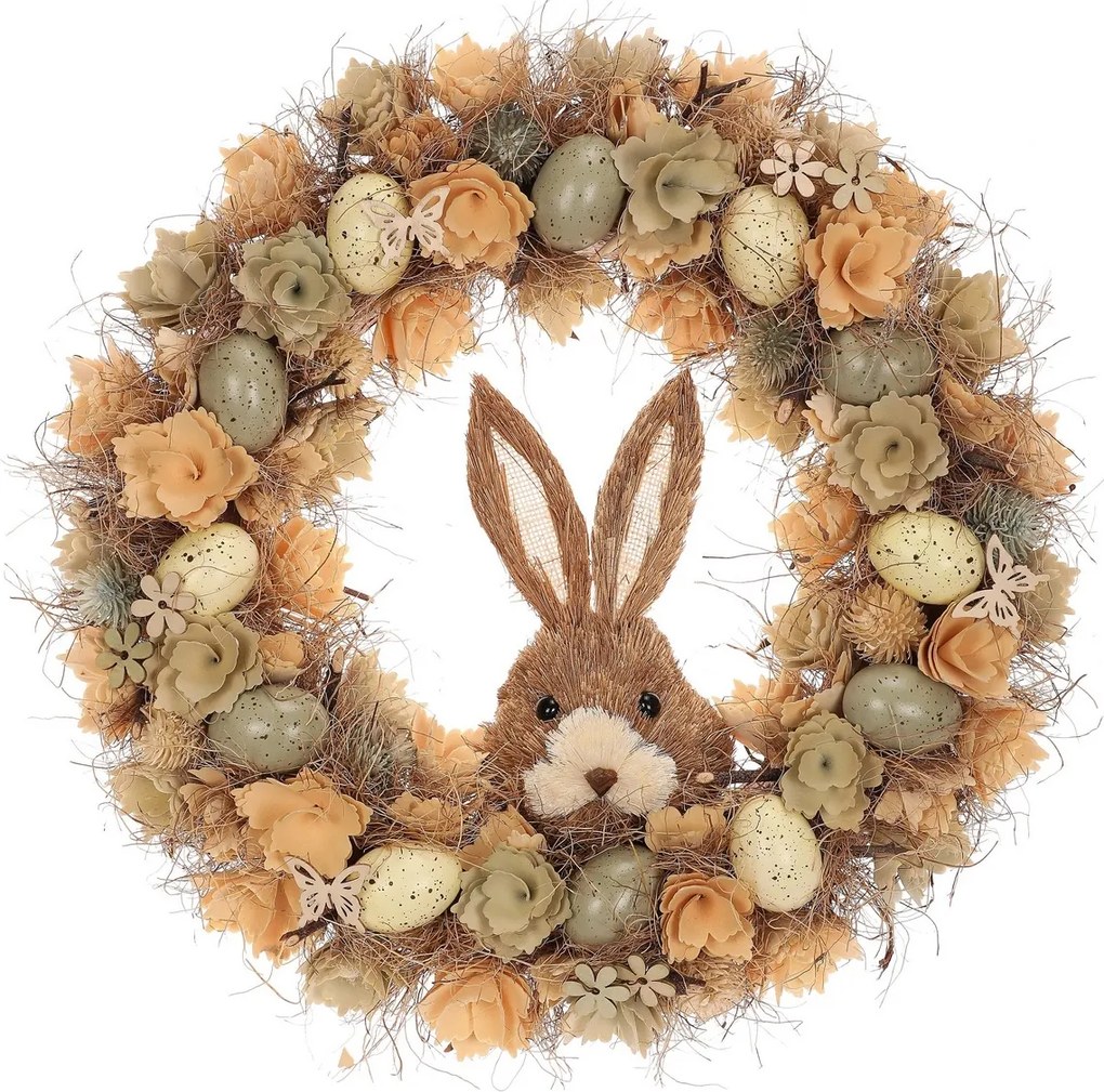 Húsvéti koszorú Barna nyuszi virágokkal éstojásokkal, átmérő 45 cm, 45 x 45 x 9 cm