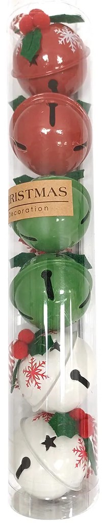 6 db karácsonyi csengő Snowflakes, átmérő 5 cm,piros-zöld-fehér, fém, 5 cm átmérőjű