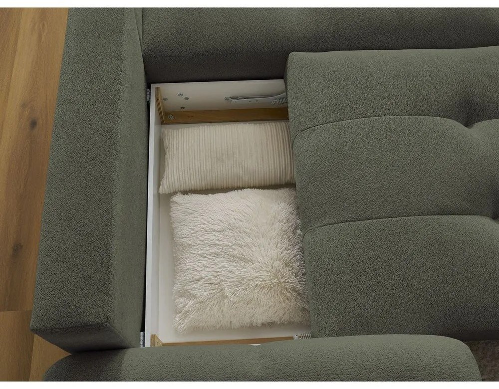 Khaki zsenília kinyitható-tárolóhelyes sarokkanapé (jobb oldali-heverő résszel) Roxelane – Bobochic Paris