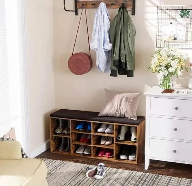 GABI cipősszekrény párnázott ülőkével, 10 rekesz, 104x30x48cm, fekete/sötét barna Jurhan