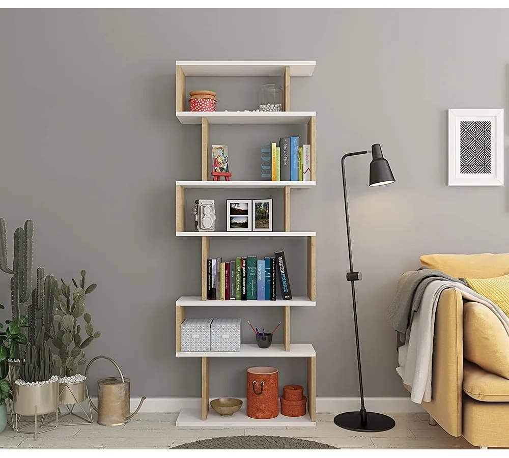 Fehér-natúr színű könyvespolc tölgyfa dekorral 60x160 cm Bates – Kalune Design