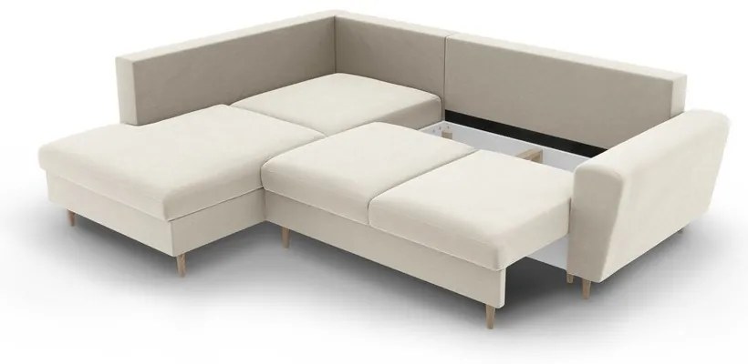 Bézs bársony kinyitható tárolóhelyes sarokkanapé (bal oldali-L alakú) Kyoto – Cosmopolitan Design