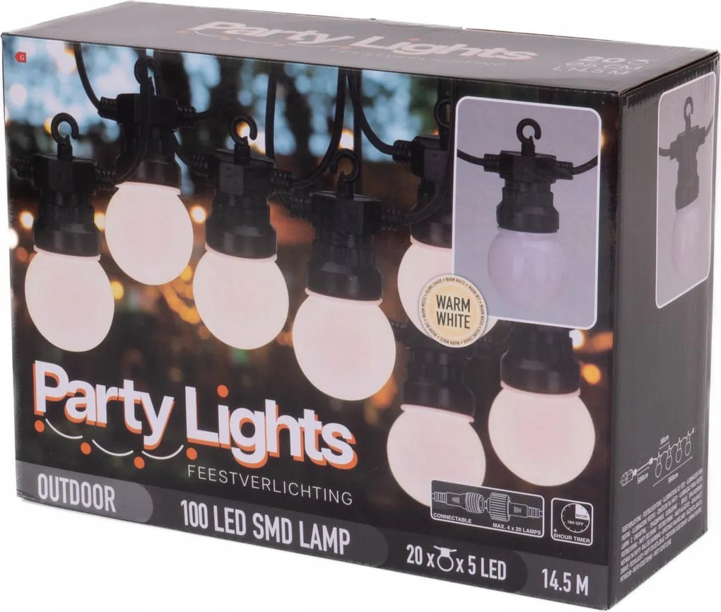 Fényfüzér 20 Led Meleg Fehér Kert Terasz Erkély 1000 CM