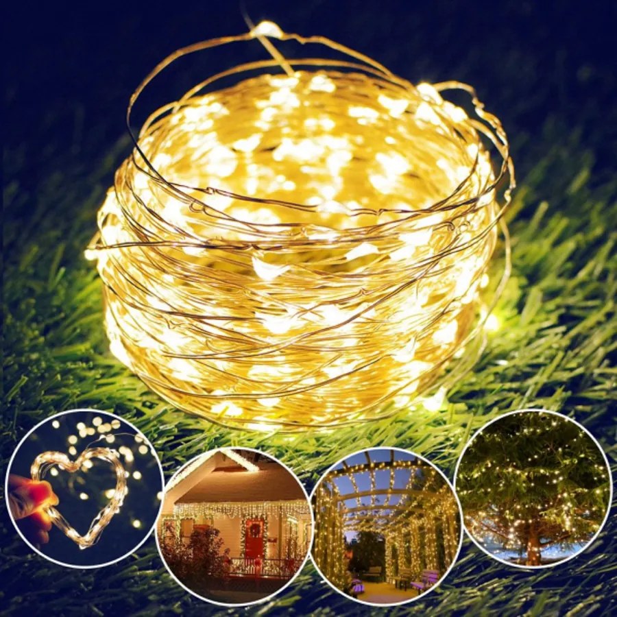 100 micro LED-es napelemes kerti fényfüzér, meleg fehér, 7m