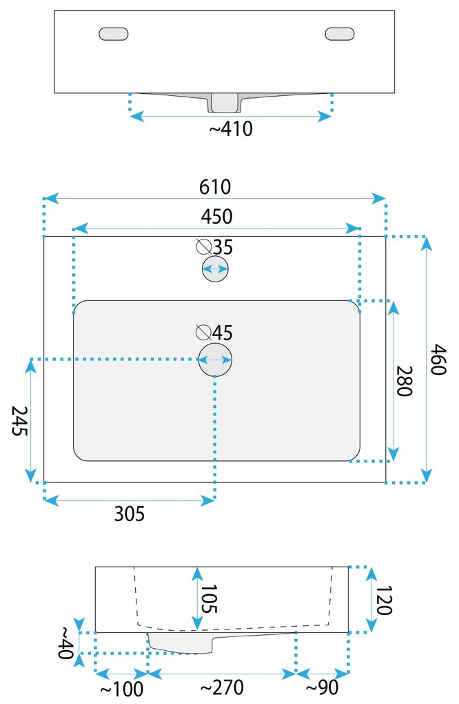 Rea Alison, asztali mosogató 610x460x120 mm, fehér fényes, REA-U6021