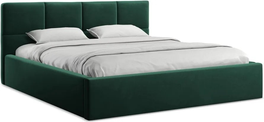 Sötétzöld bársony kárpitozott ágyneműtartós franciaágy ágyráccsal 140x200 cm Hiko – Makamii