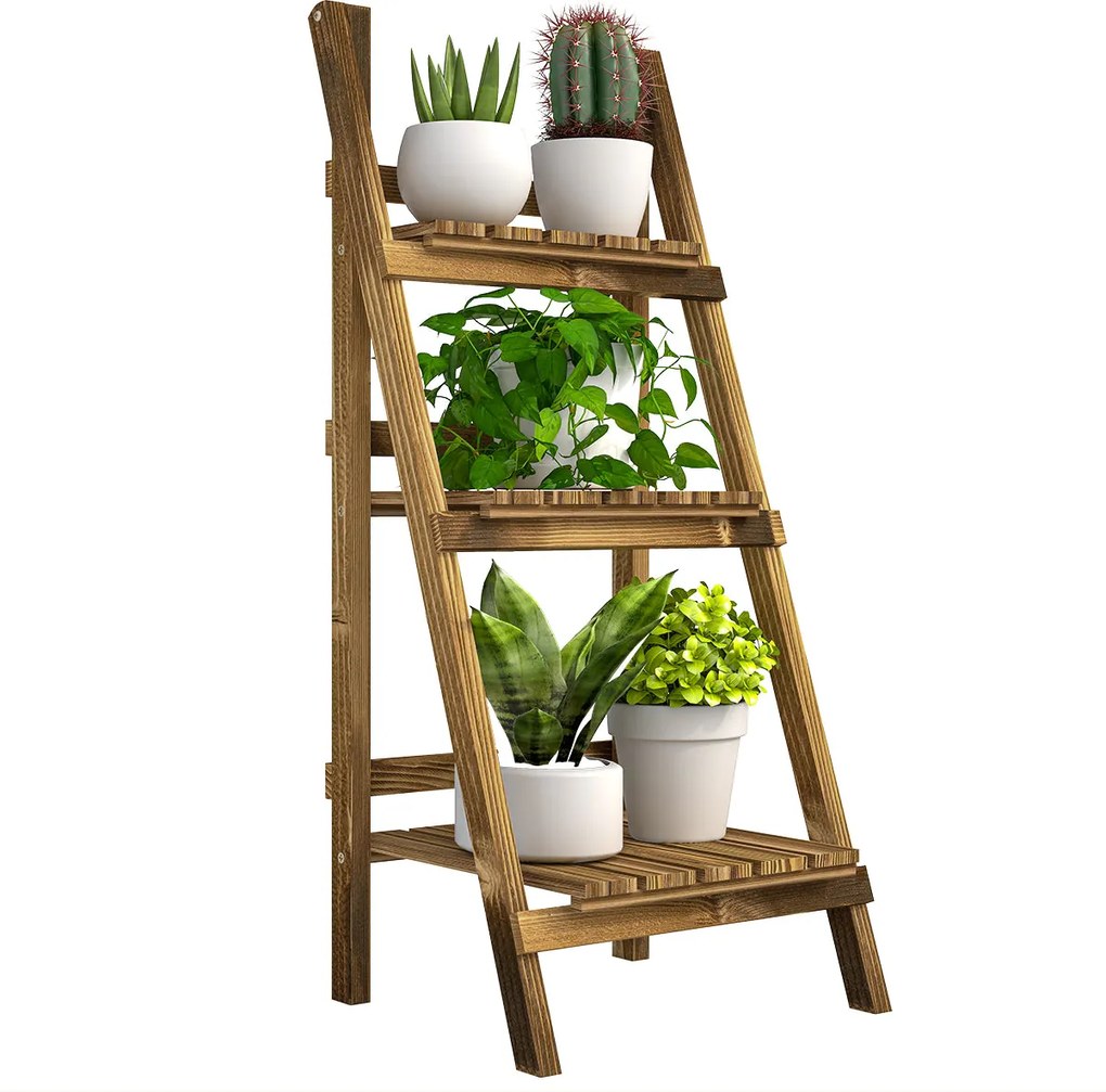 Outsunny 3 szintes fa virágtartó, összecsukható virágtároló polc beltéri és kültéri teraszra, kertbe, erkélyre 40x37x93 cm Természetes | Aosom
