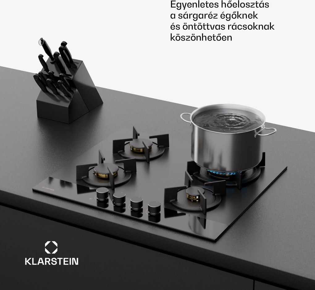 Klarstein Goldflame Nano gáz főzőlap, 4 sárgaréz égő, Nano bevonat, LPG/földgáz