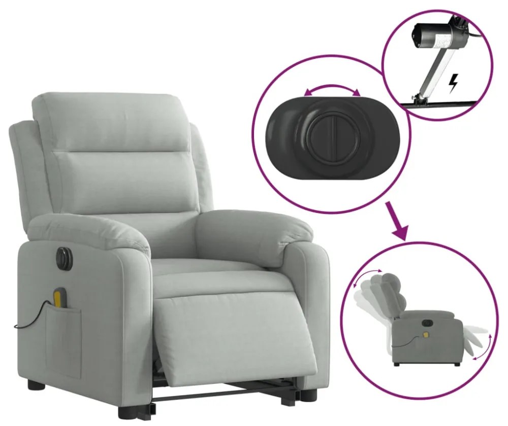elektromos felállást segítő világosszürke bársony masszázsfotel