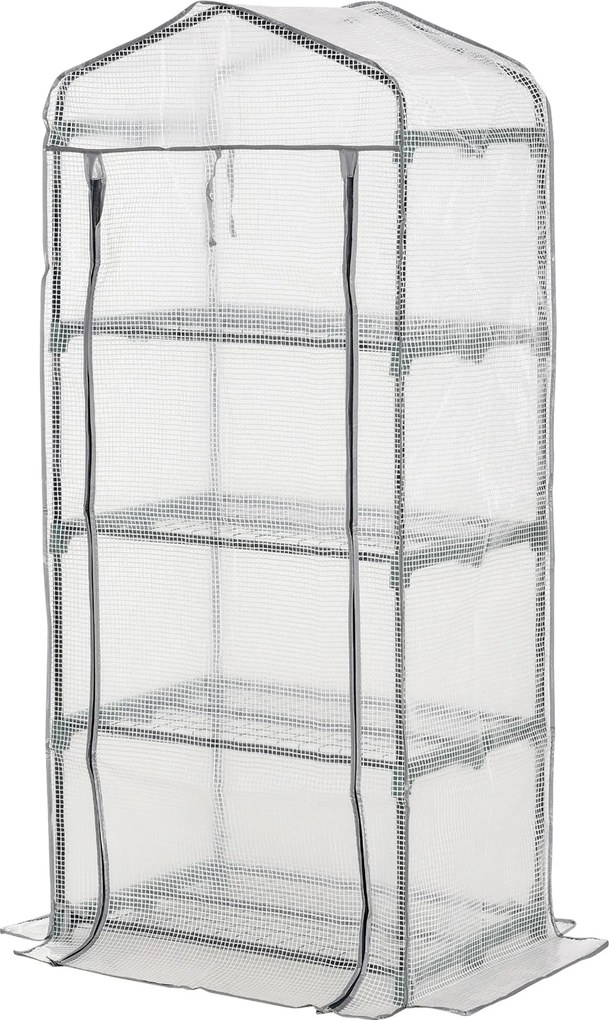 Outsunny mini üvegház polcokkal, PVC takaróval és feltekerhető ajtóval — télálló paradicsomház erkélyre és kertbe, 70 x 50 x 160 cm — fehér | Aosom