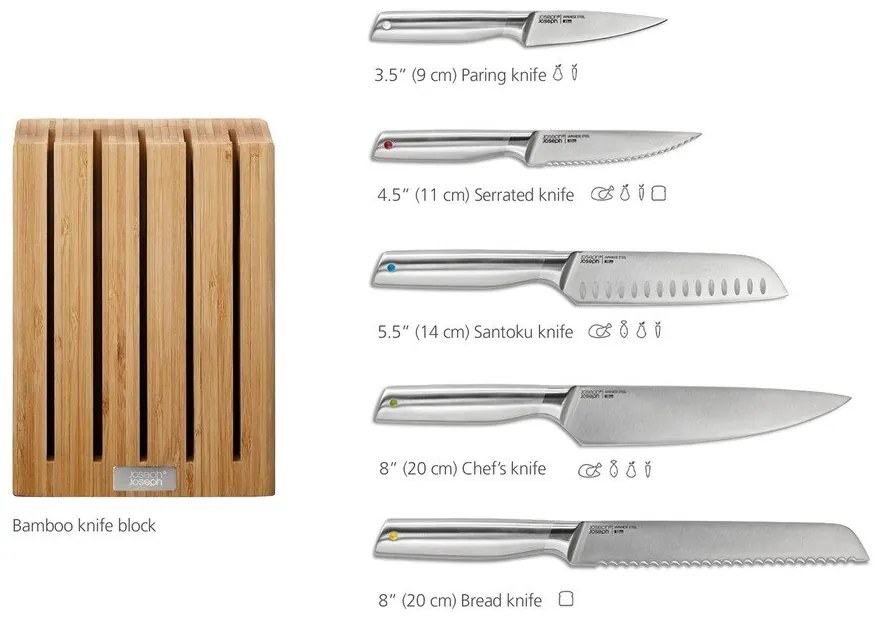 Rozsdamentes acél kés készlet tartóval 5 db-os Elevate Bamboo – Joseph Joseph